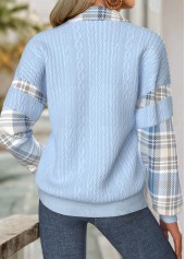 Light Blue tops,Plaid tops,Geometric tops,ROTITA Tummy Coverage Plaid Light Blue Turn Down Collar Sweatshirt