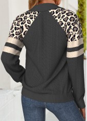 Dark Grey tops,Leopard tops,Animal Print tops,ROTITA Tummy Coverage Leopard Dark Grey Turn Down Collar Sweatshirt