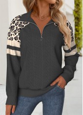 Dark Grey tops,Leopard tops,Animal Print tops,ROTITA Tummy Coverage Leopard Dark Grey Turn Down Collar Sweatshirt