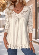 Rotita – Beiges T-Shirt mit V-Ausschnitt und langen Ärmeln zur Bauchbedeckung