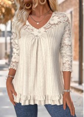 Beige tops,Plain Color tops,ROTITA Tummy Coverage Beige V Neck Long Sleeve T Shirt