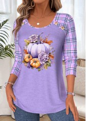 Light Purple tops,Halloween tops,ROTITA Halloween Tummy Coverage Pumpkin Print Light Purple T Shirt