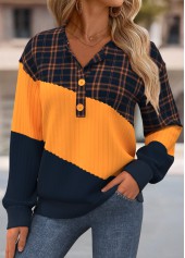 Multi Color tops,Plaid tops,Geometric tops,ROTITA Tummy Coverage Plaid Multi Color Split Neck Sweatshirt