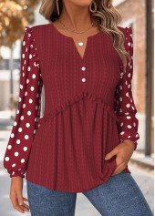 Deep Red tops,Dot tops,ROTITA Tummy Coverage Geometric Print Deep Red Split Neck Blouse