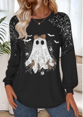Rotita Halloween – Schwarzes Langarm-Sweatshirt mit Rundhalsausschnitt und Bauchbedeckung