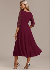 Wine Red dresses,Plain Color dresses,Party dresses,Elegant dresses,ROTITA Embroidery Wine Red Round Neck 3/4 Sleeve Dress