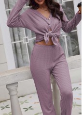 Purple loungewear,Plain Color loungewear,Purple V Neck Long Sleeve Lounge Top and Pants