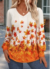 Orange tops,Plants tops,ROTITA Tuck Stitch Leaf Print Orange V Neck T Shirt