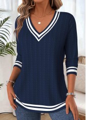 Navy tops,Plain Color tops,ROTITA Tummy Coverage Navy V Neck Long Sleeve T Shirt