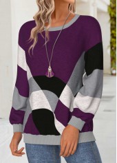 Purple tops,Geometric tops,ROTITA Tummy Coverage Geometric Print Purple Round Neck Sweatshirt