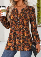 Rotita – Langärmlige Bluse mit Schößchen und Blumenmuster in Terrakotta mit Schlitz am Hals