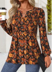 Terracotta tops,Floral tops,Plants tops,ROTITA Peplum Floral Print Terracotta Split Neck Long Sleeve Blouse