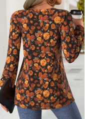 Terracotta tops,Floral tops,Plants tops,ROTITA Peplum Floral Print Terracotta Split Neck Long Sleeve Blouse