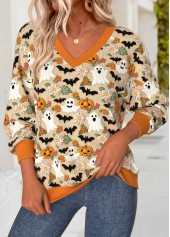 Rotita Halloween – Orangefarbenes Langarm-Sweatshirt mit V-Ausschnitt und Bauchbedeckung
