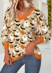 Orange tops,Halloween tops,ROTITA Halloween Tummy Coverage Orange V Neck Long Sleeve Sweatshirt