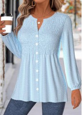 Light Blue tops,Plain Color tops,ROTITA Tummy Coverage Light Blue V Neck Long Sleeve Blouse