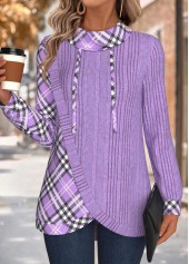 Light Purple tops,Plaid tops,Geometric tops,ROTITA Tummy Coverage Plaid Light Purple Cowl Neck Sweatshirt