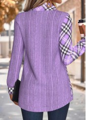 Light Purple tops,Plaid tops,Geometric tops,ROTITA Tummy Coverage Plaid Light Purple Cowl Neck Sweatshirt