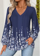 Rotita – Bauchbedeckende marineblaue Bluse mit Blumenmuster und V-Ausschnitt