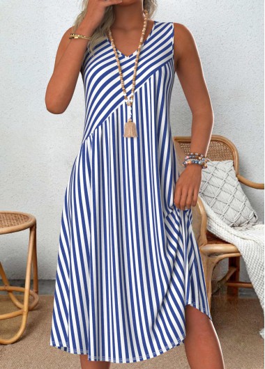 Blue dresses,Striped dresses,Geometric dresses,Everyday dresses,Casual dresses,ROTITA Patchwork Striped Blue A Line V Neck Sleeveless Dress