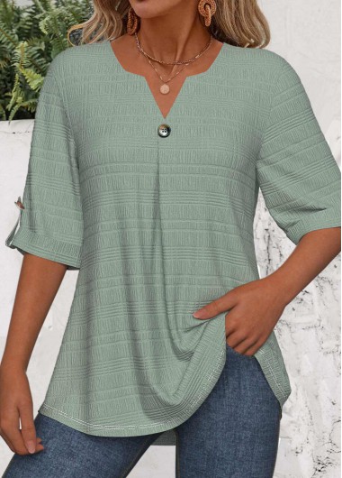 Green tops,Plain Color tops,ROTITA Button Green Split Neck 3/4 Sleeve Blouse