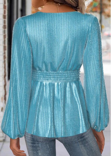 Blue tops,Plain Color tops,ROTITA Mint Green V Neck Long Sleeve Blouse