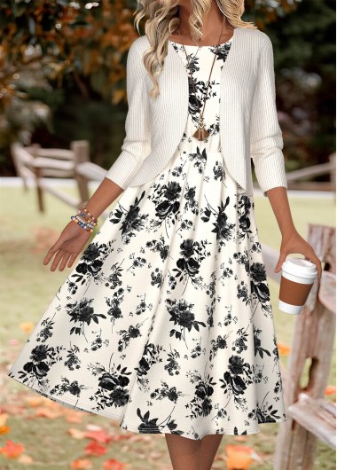 Beige dresses,Floral dresses,Plants dresses,Everyday dresses,Casual dresses,ROTITA Floral Print Beige Round Neck Dress and Cardigan