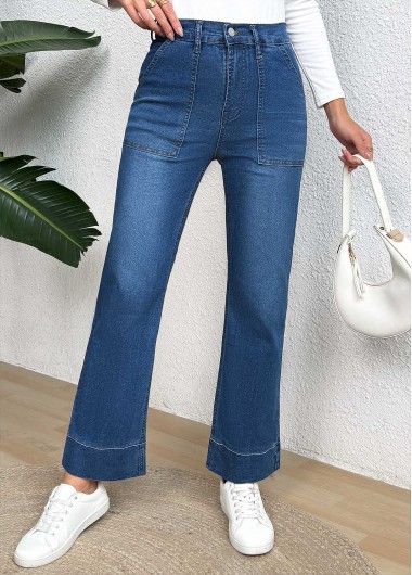 Denim Blue bottoms,Plain Color bottoms,Pocket Denim Blue Wide Leg Button Fly Jeans