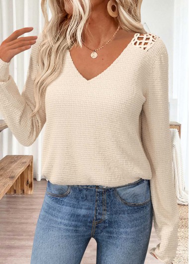 Beige tops,Plain Color tops,ROTITA Tummy Coverage Beige V Neck Long Sleeve T Shirt