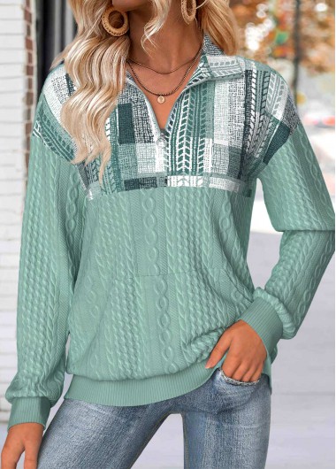 Sage Green tops,Geometric tops,ROTITA Tummy Coverage Geometric Print Sage Green Long Sleeve Sweatshirt
