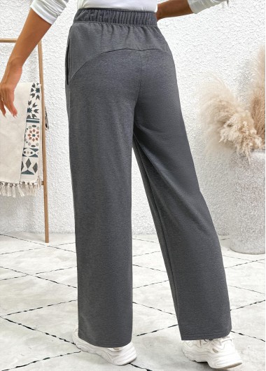 Dark Grey bottoms,Plain Color bottoms,Pocket Dark Grey Straight Leg Elastic Waist Pants