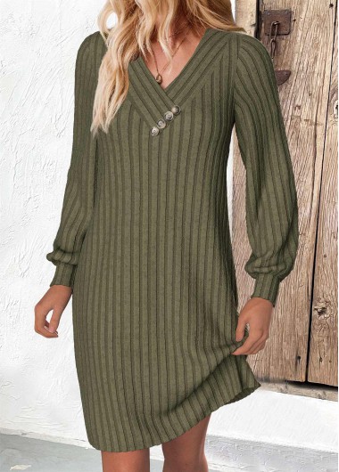 Olive Green dresses,Plain Color dresses,Everyday dresses,Casual dresses,ROTITA Olive Green A Line V Neck Long Sleeve Dress