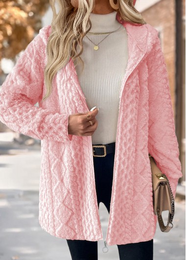 Light Pink tops,Plain Color tops,ROTITA Tummy Coverage Light Pink Hooded Long Sleeve Coat