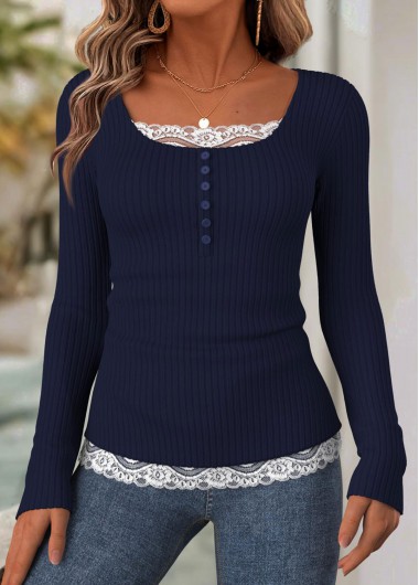 Navy tops,Plain Color tops,ROTITA Tummy Coverage Navy Scoop Neck Long Sleeve T Shirt