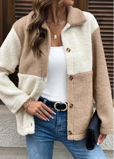Light Coffee tops,Contrast Color tops,Tummy Coverage Light Coffee Turn Down Collar Coat
