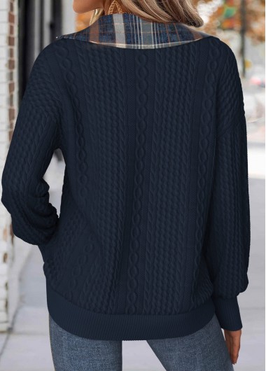 Navy tops,Plaid tops,Geometric tops,ROTITA Tummy Coverage Plaid Navy Turn Down Collar Sweatshirt