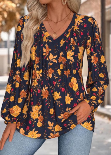 Multi Color tops,Floral tops,Plants tops,ROTITA Tummy Coverage Floral Print Multi Color V Neck Blouse