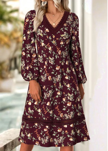 Deep Red dresses,Floral dresses,Plants dresses,Everyday dresses,Casual dresses,ROTITA Floral Print Deep Red V Neck Long Sleeve Dress