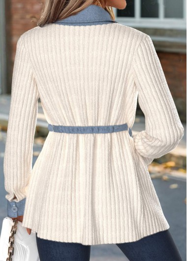 Beige tops,Plain Color tops,ROTITA Tummy Coverage Beige Shirt Collar Long Sleeve Coat