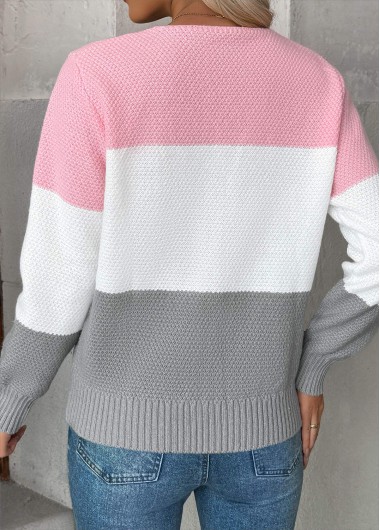 Pink tops,Contrast Color tops,Tummy Coverage Pink V Neck Long Sleeve Sweater