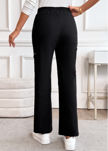 Black bottoms,Plain Color bottoms,Pocket Black Straight Leg Elastic Waist High Waisted Pants