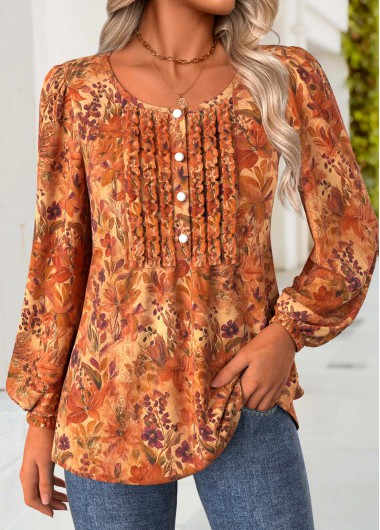 Terracotta tops,Floral tops,Plants tops,ROTITA Frill Floral Print Terracotta Round Neck Long Sleeve Blouse