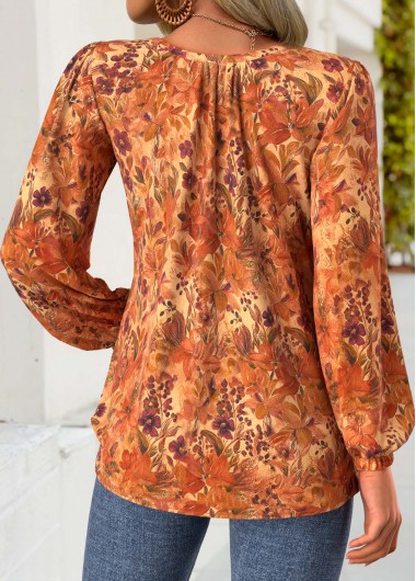 Terracotta tops,Floral tops,Plants tops,ROTITA Frill Floral Print Terracotta Round Neck Long Sleeve Blouse