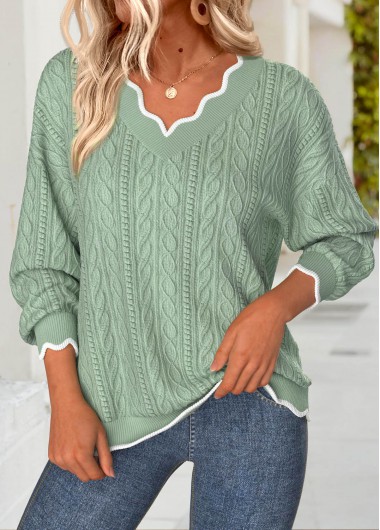 Sage Green tops,Contrast Color tops,ROTITA Scalloped Hem Sage Green V Neck Long Sleeve Sweatshirt