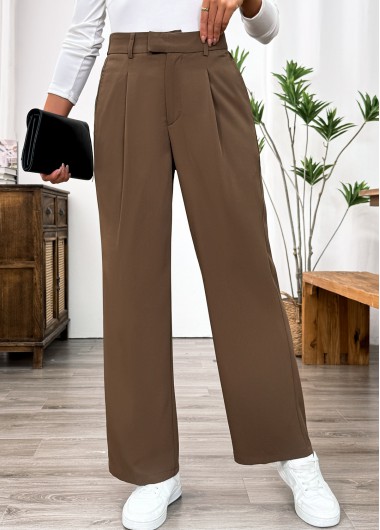 Dark Camel bottoms,Plain Color bottoms,Pocket Dark Camel Straight Leg Elastic Waist Pants