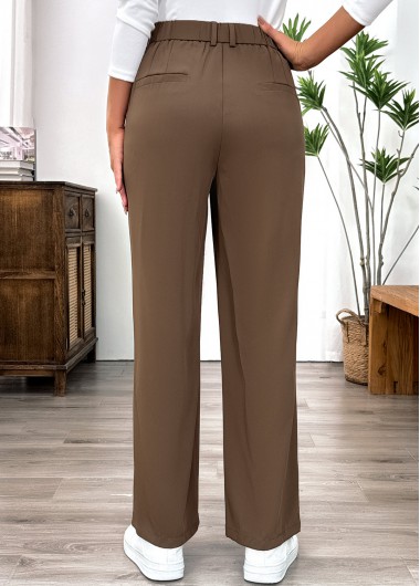 Dark Camel bottoms,Plain Color bottoms,Pocket Dark Camel Straight Leg Elastic Waist Pants