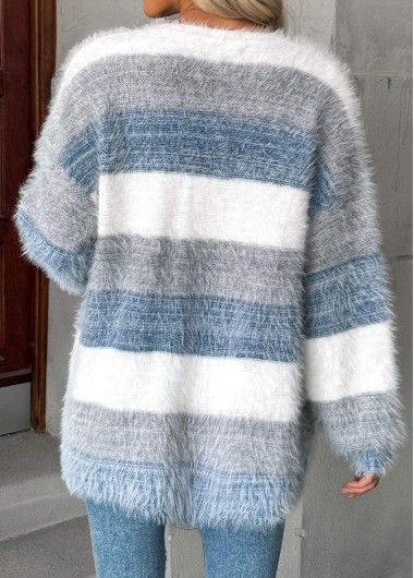 Dusty Blue tops,Striped tops,Geometric tops,Tummy Coverage Dusty Blue V Neck Long Sleeve Cardigan