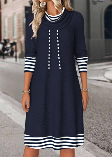 Navy dresses,Striped dresses,Geometric dresses,Everyday dresses,Casual dresses,ROTITA Tummy Coverage Striped Navy Cowl Neck Long Sleeve Dress
