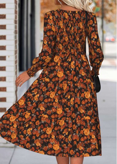 Orange dresses,Floral dresses,Plants dresses,Everyday dresses,Casual dresses,ROTITA Tummy Coverage Floral Print Orange Round Neck Dress