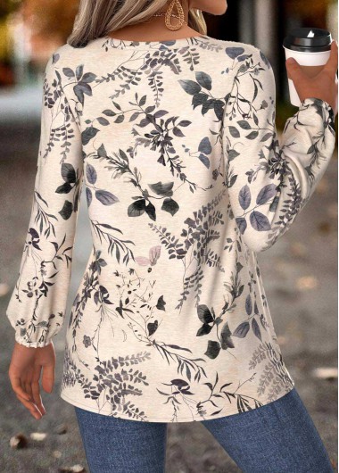 Beige tops,Plants tops,ROTITA Peplum Leaf Print Beige Split Neck Long Sleeve Blouse